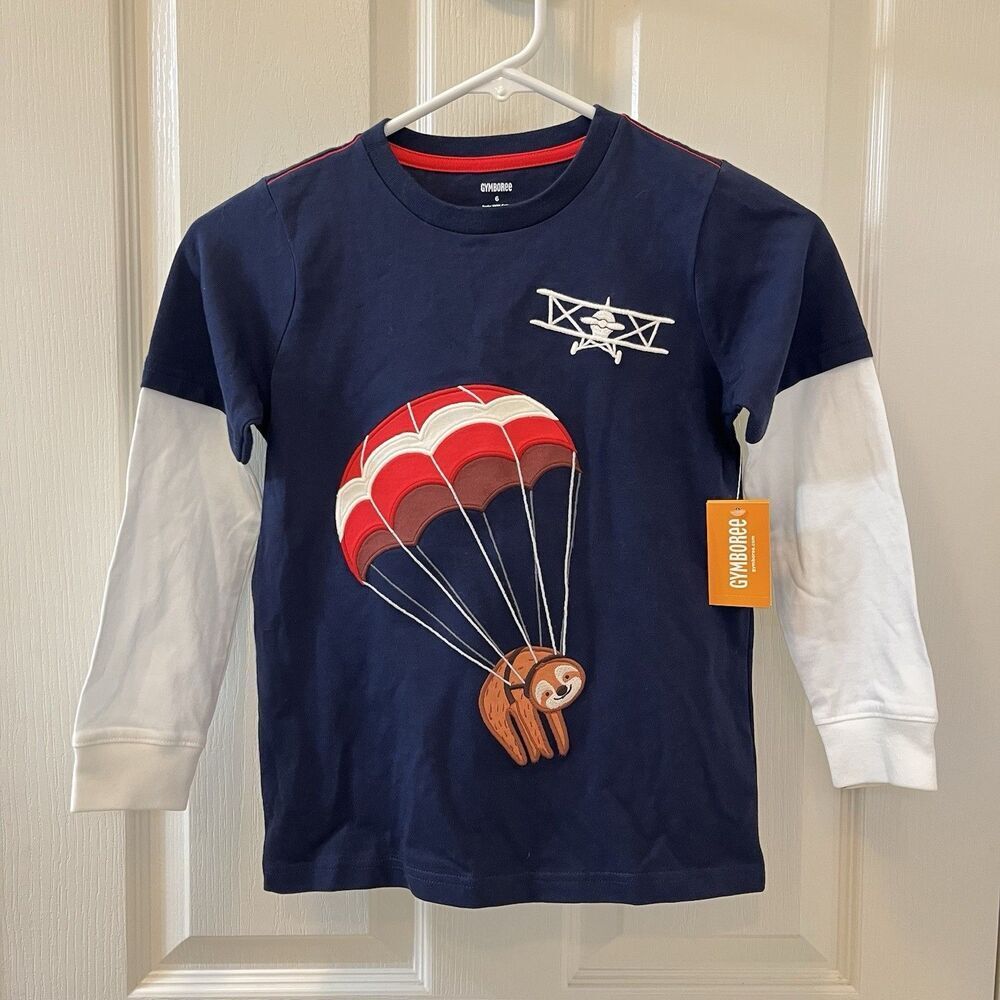 Gymboree Aviator School Parachute Sloth Airplane Applique Layered Top Boys 6 NWT